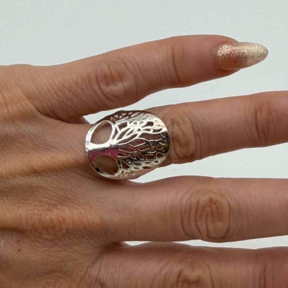 S925 Sterling Silver Tree Design Statement Ring Openwork Size 6 - Picture 4 of 10
